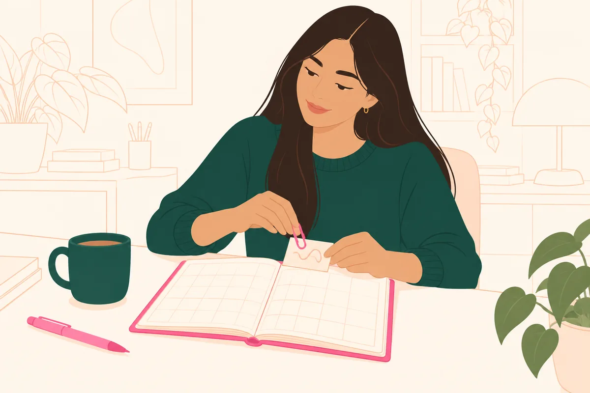 Mulher prendendo com um clipe um cartãozinho com uma anotação à primeira página do próximo mês na agenda