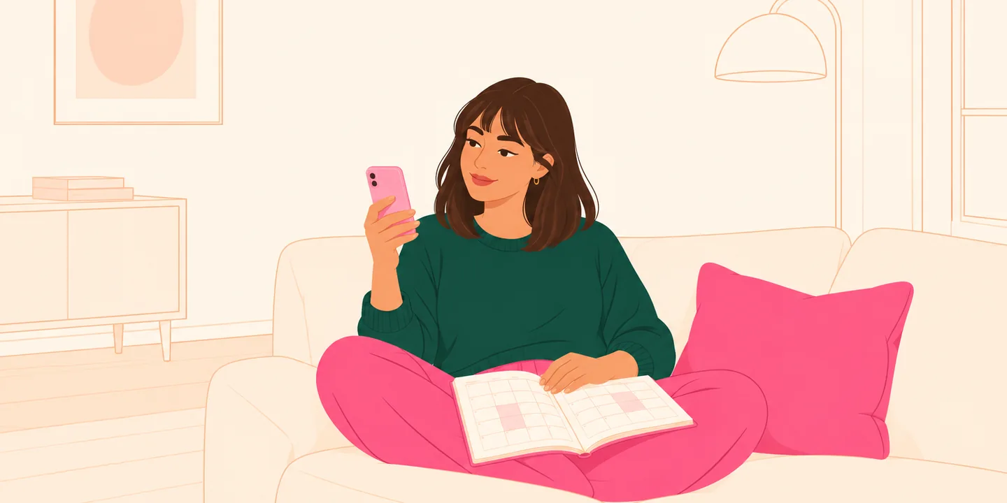 A woman on a sofa comparing her phone with a paper planner that shows a soft pink tint behind a few days