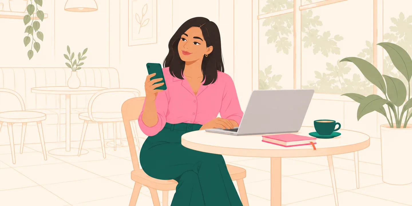 Mujer en la mesa de un café con la laptop abierta y el teléfono en la mano, con una agenda cerrada al lado