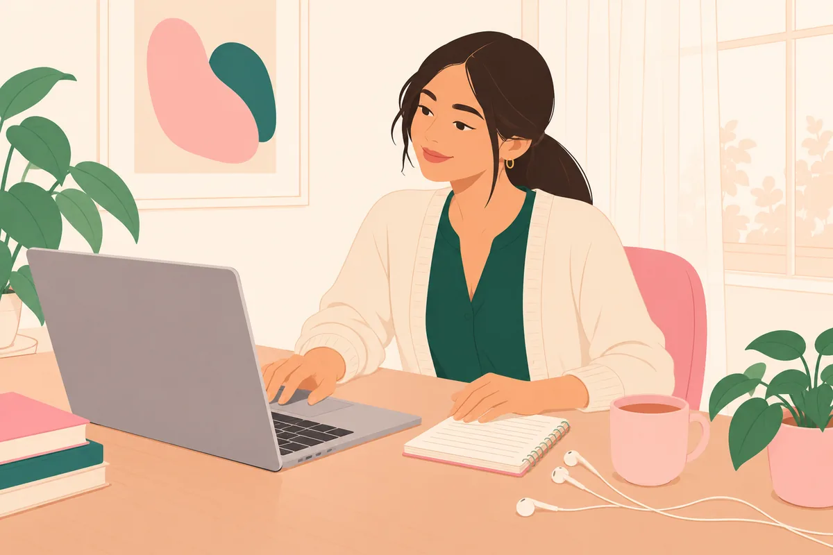 Una mujer ordena la pantalla de su portátil antes de una videollamada, junto a un cuaderno, audífonos y una taza rosa.