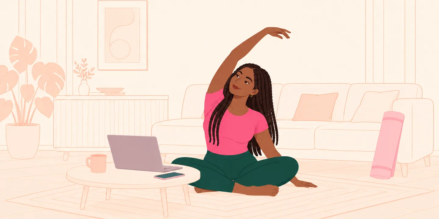 A woman stretching on a rug next to her laptop and phone, with a rolled mat behind her