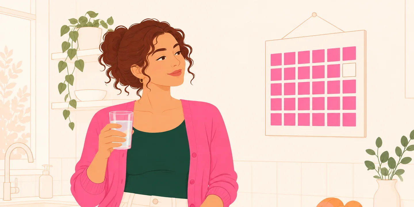 A woman holding a glass of water, looking calmly at a habit chart with one empty square