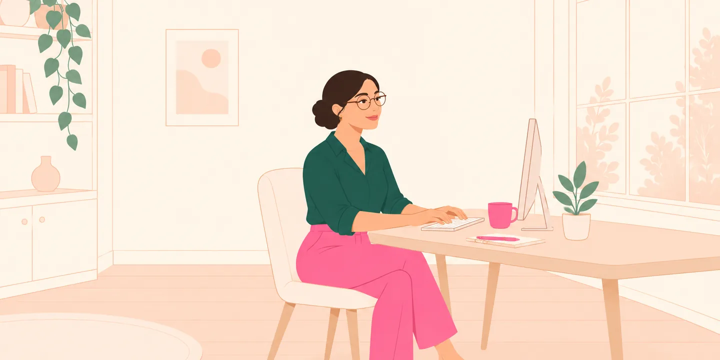A woman typing at her home computer with a notebook and a pink mug beside the keyboard