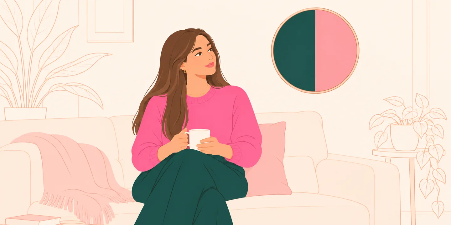Mulher no sofá com uma caneca, olhando uma obra redonda na parede dividida em duas metades de cores suaves