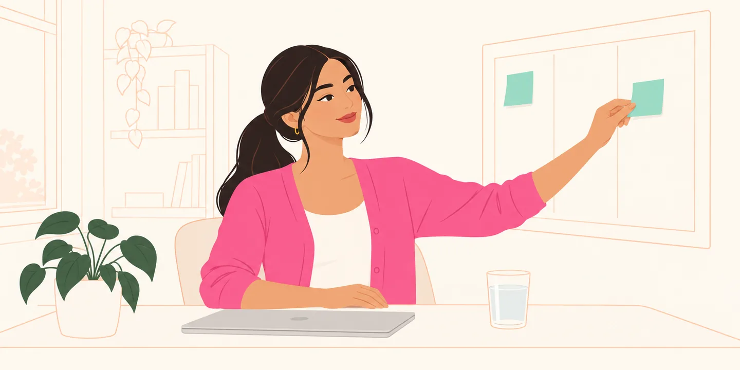 À mesa de casa, uma mulher move um lembrete adesivo para uma coluna mais adiante num quadro de papel e mantém outro no lugar
