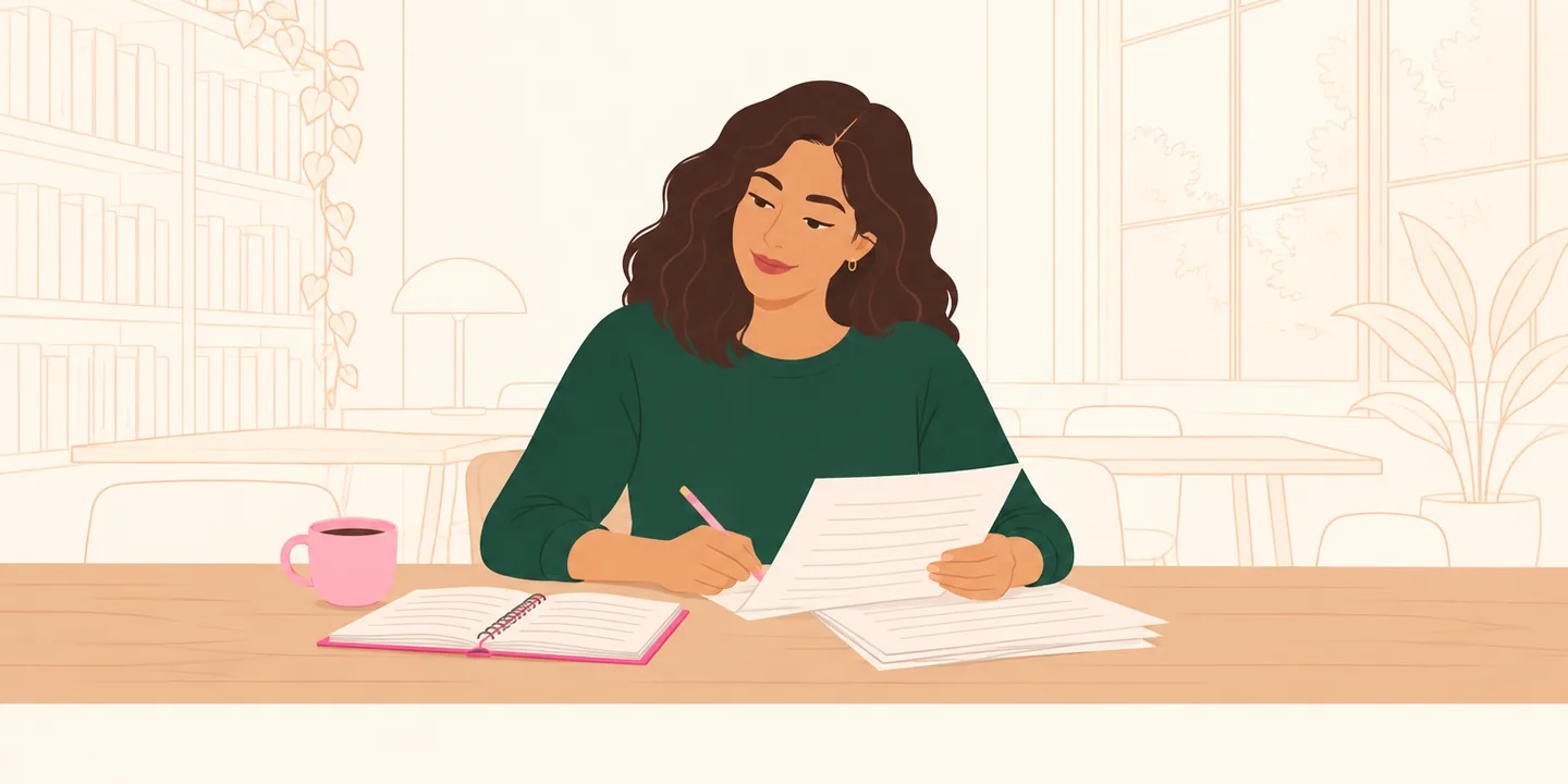 Uma mulher lê algumas páginas impressas de pesquisa à mesa de uma biblioteca, com um lápis na mão