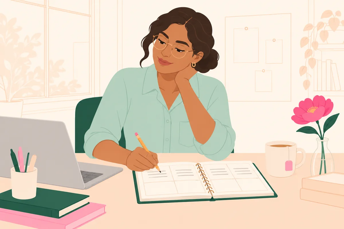 Uma mulher à escrivaninha deixa uma tarde livre na agenda de papel.