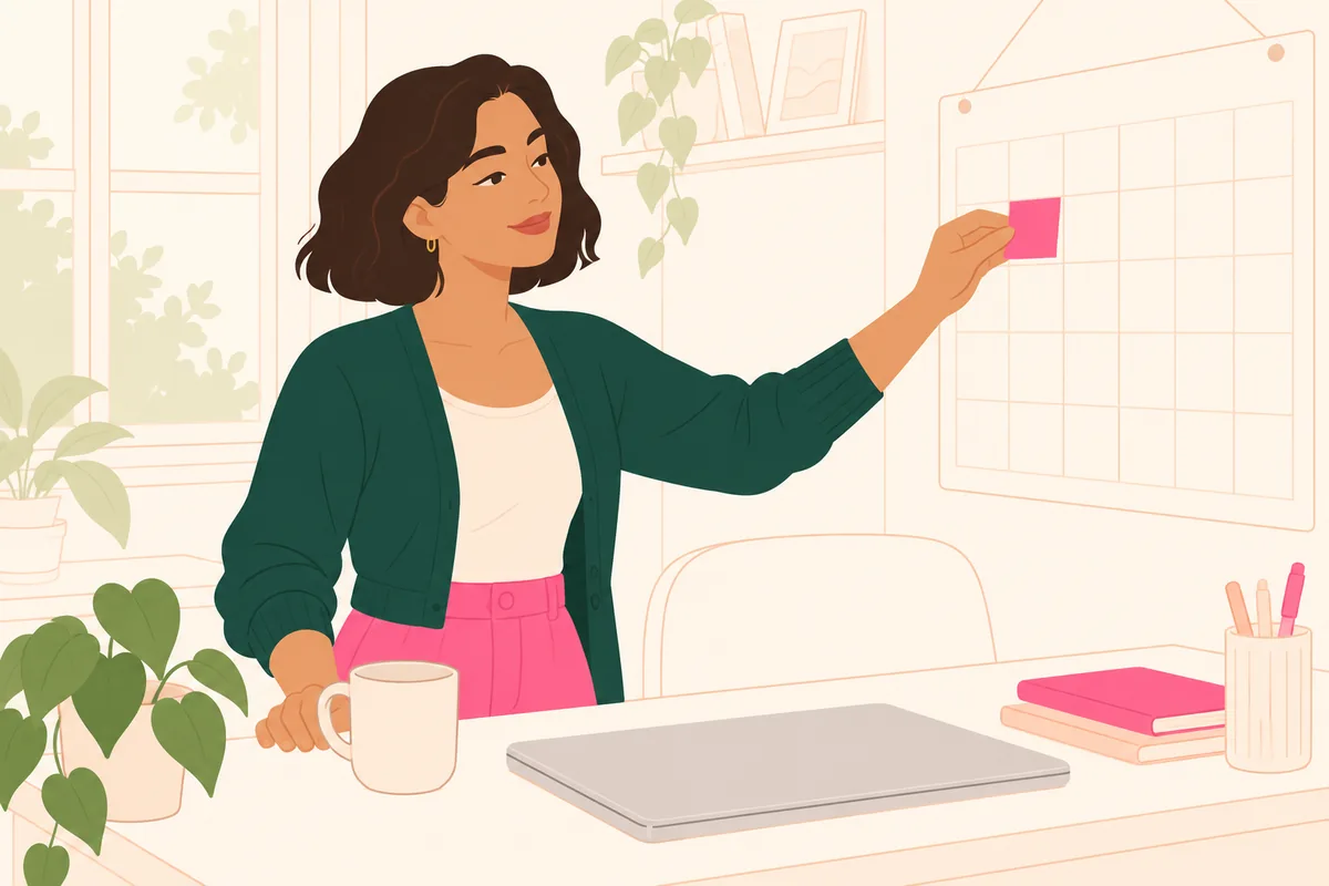 Uma mulher muda um lembrete adesivo para uma data anterior num calendário de papel na parede.