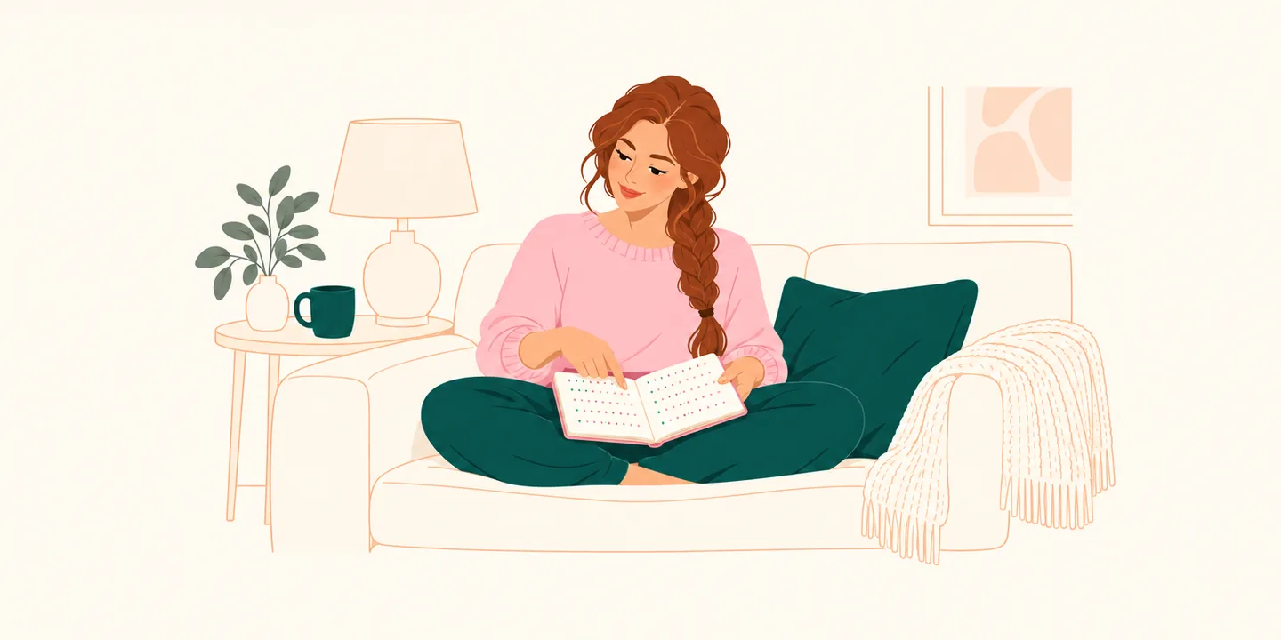 Uma mulher no sofá acompanha fileiras de pontinhos em um caderno, como meses de anotações simples