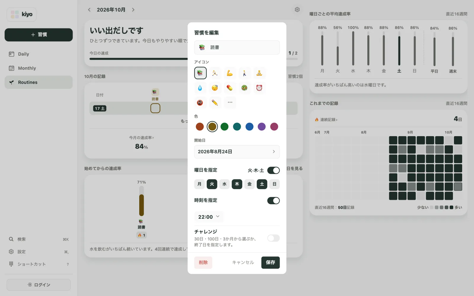 習慣「読書」の編集シートで火・木・土の曜日と22:00の時刻が設定されたKiyoのWeb画面