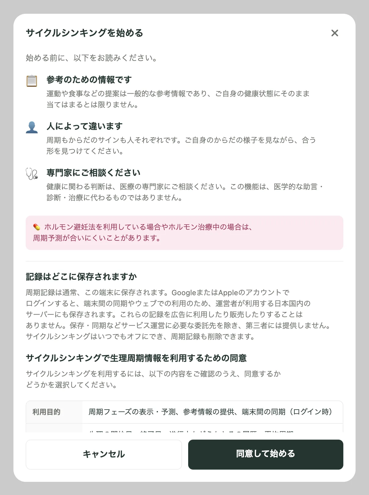 Kiyoのサイクルシンキングを始める同意画面。3つの案内、ホルモン避妊に関する説明、記録の保存先、キャンセルと同意して始めるボタンが表示されています。