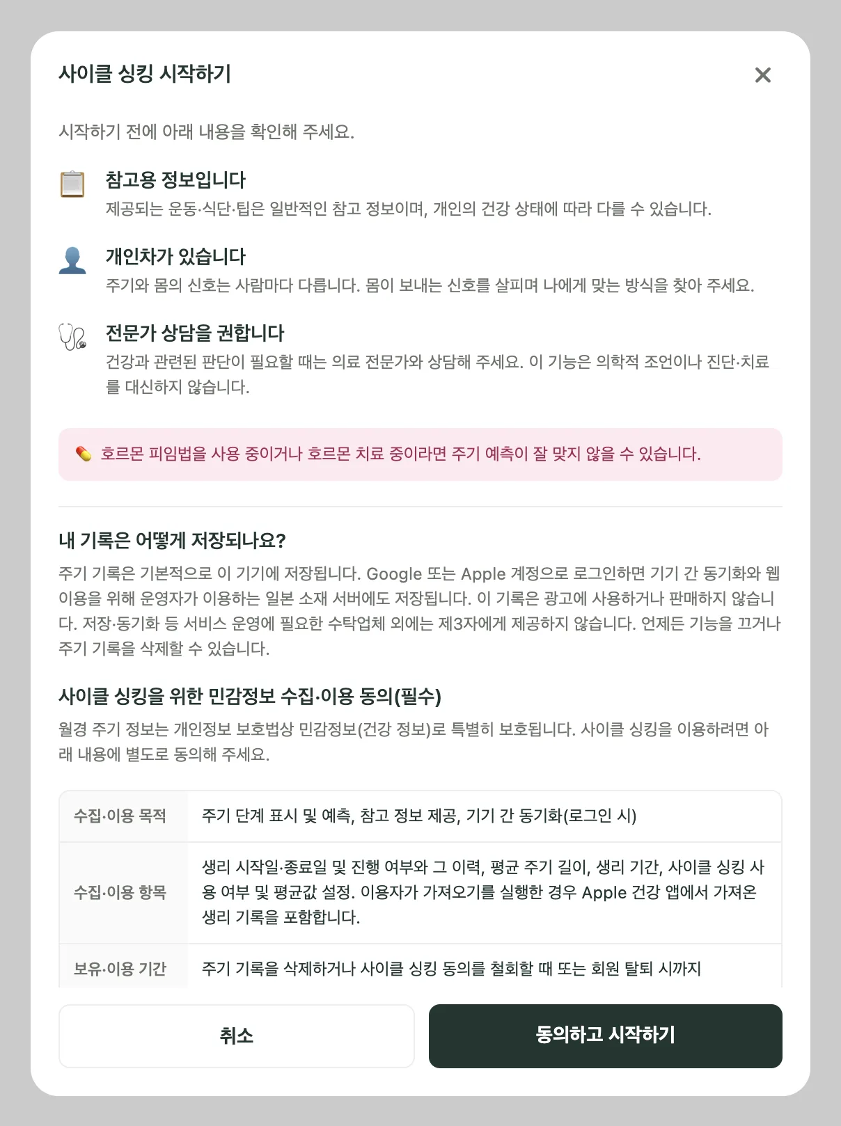 Kiyo 사이클 싱킹 시작하기 동의 화면. 참고 안내 세 가지, 호르몬 피임 관련 안내, 기록 저장 설명과 취소·동의하고 시작하기 버튼이 보여요.