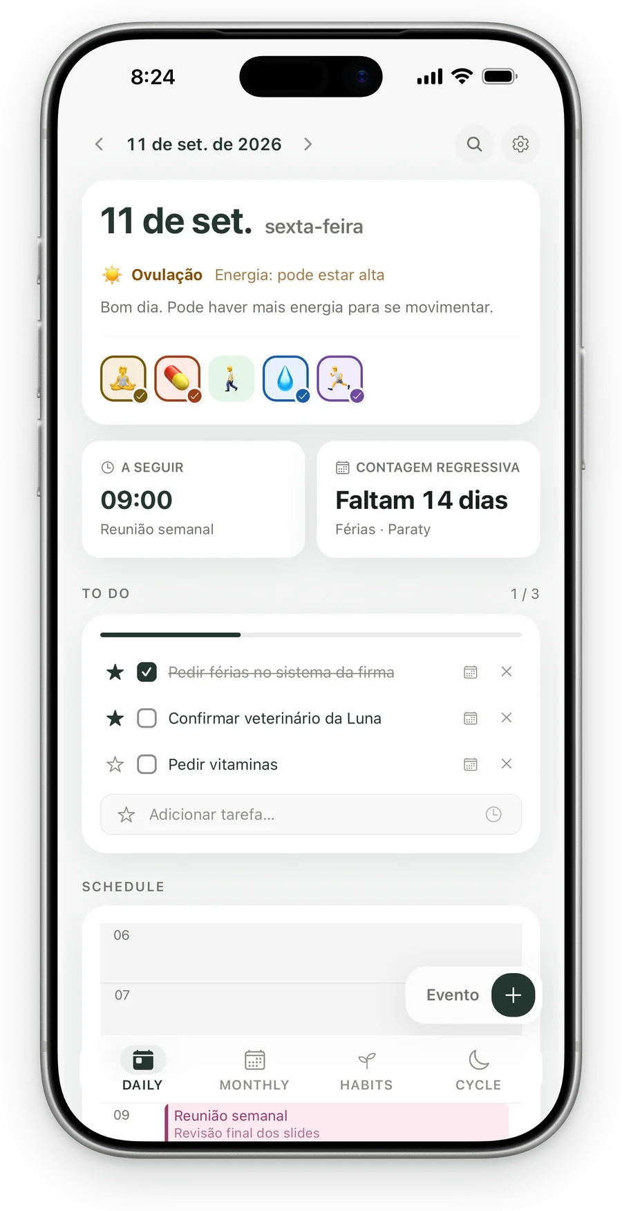 Daily do Kiyo no iPhone com o próximo evento, a lista de tarefas e os registros de hábitos.