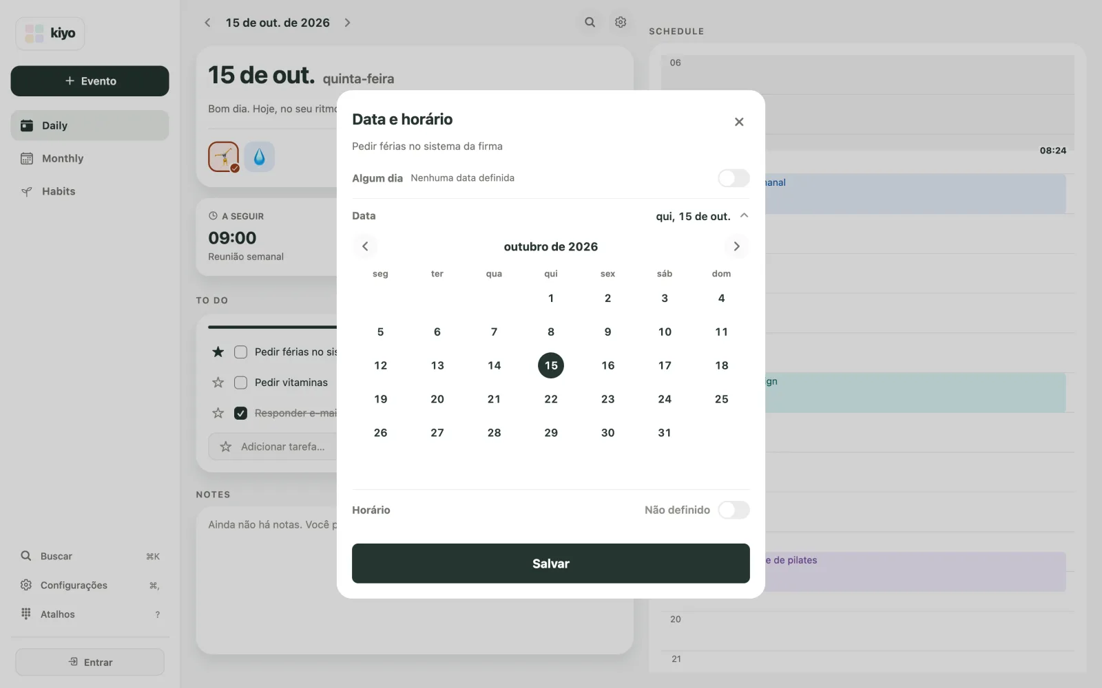Painel Data e horário do Kiyo na web para Pedir férias no sistema da firma, com uma data escolhida e sem horário definido.