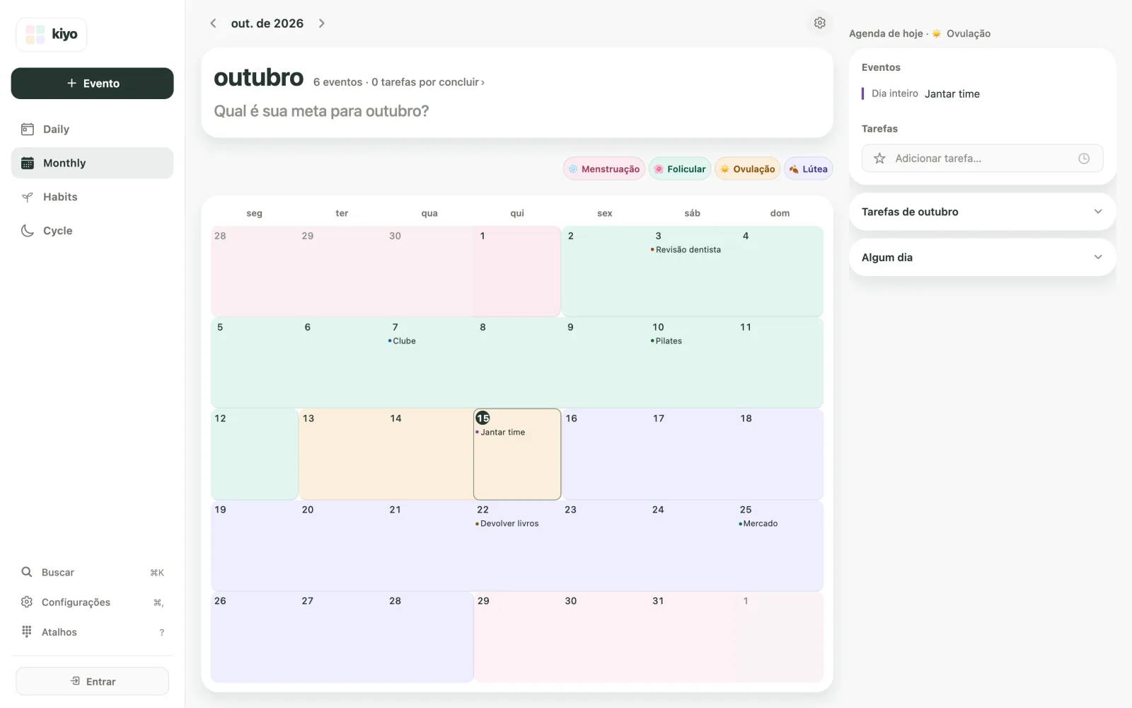 Calendário de outubro de 2026 em Monthly, com eventos sobre as cores do ciclo: o ciclo registrado tem cores fortes e a menstruação estimada a partir de 29 de outubro aparece em tons suaves.