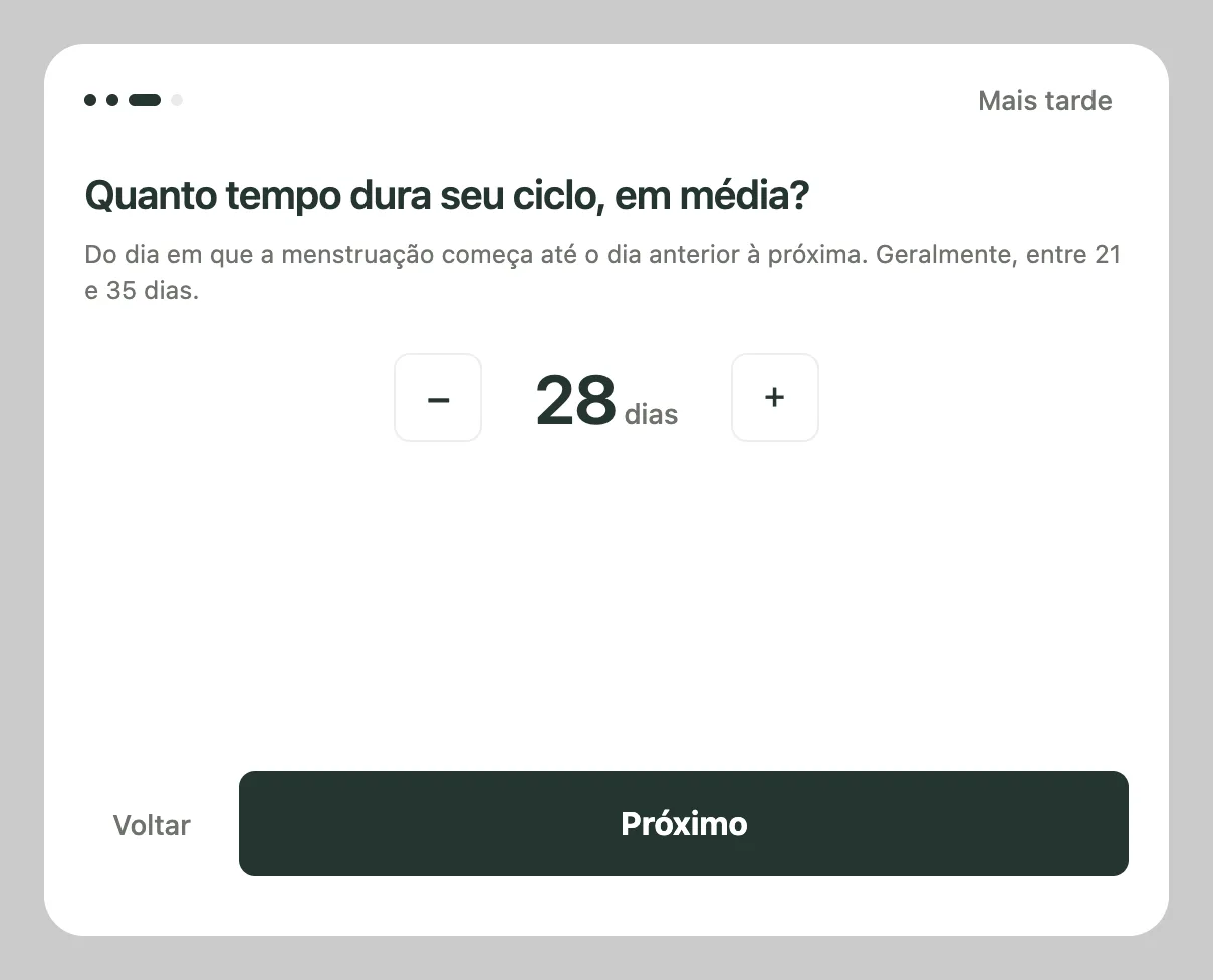 Configuração do ciclo no Kiyo com duração média de 28 dias e uma observação de que ela costuma ficar entre 21 e 35 dias.