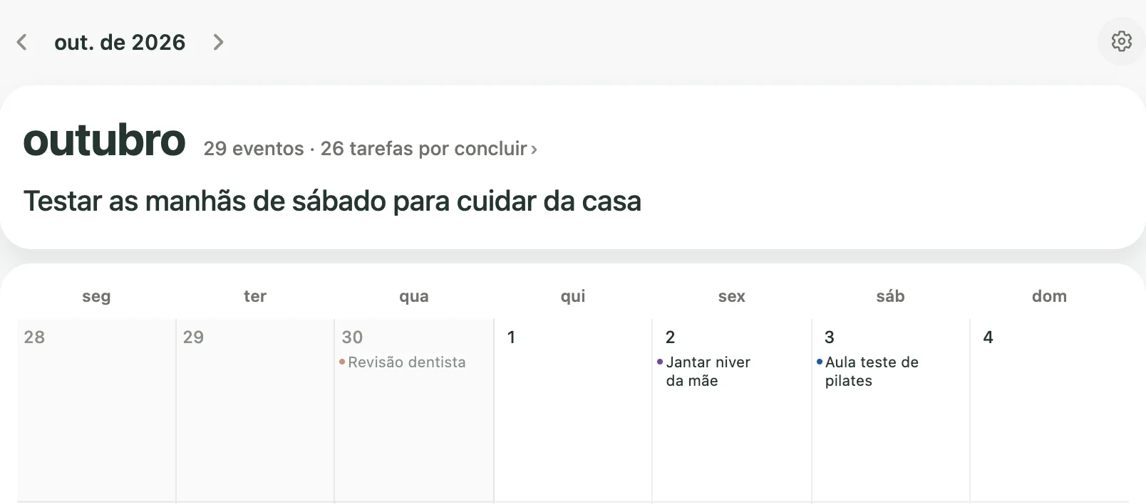 Monthly do Kiyo na web em outubro de 2026, com Testar as manhãs de sábado para cuidar da casa na linha de meta do mês.