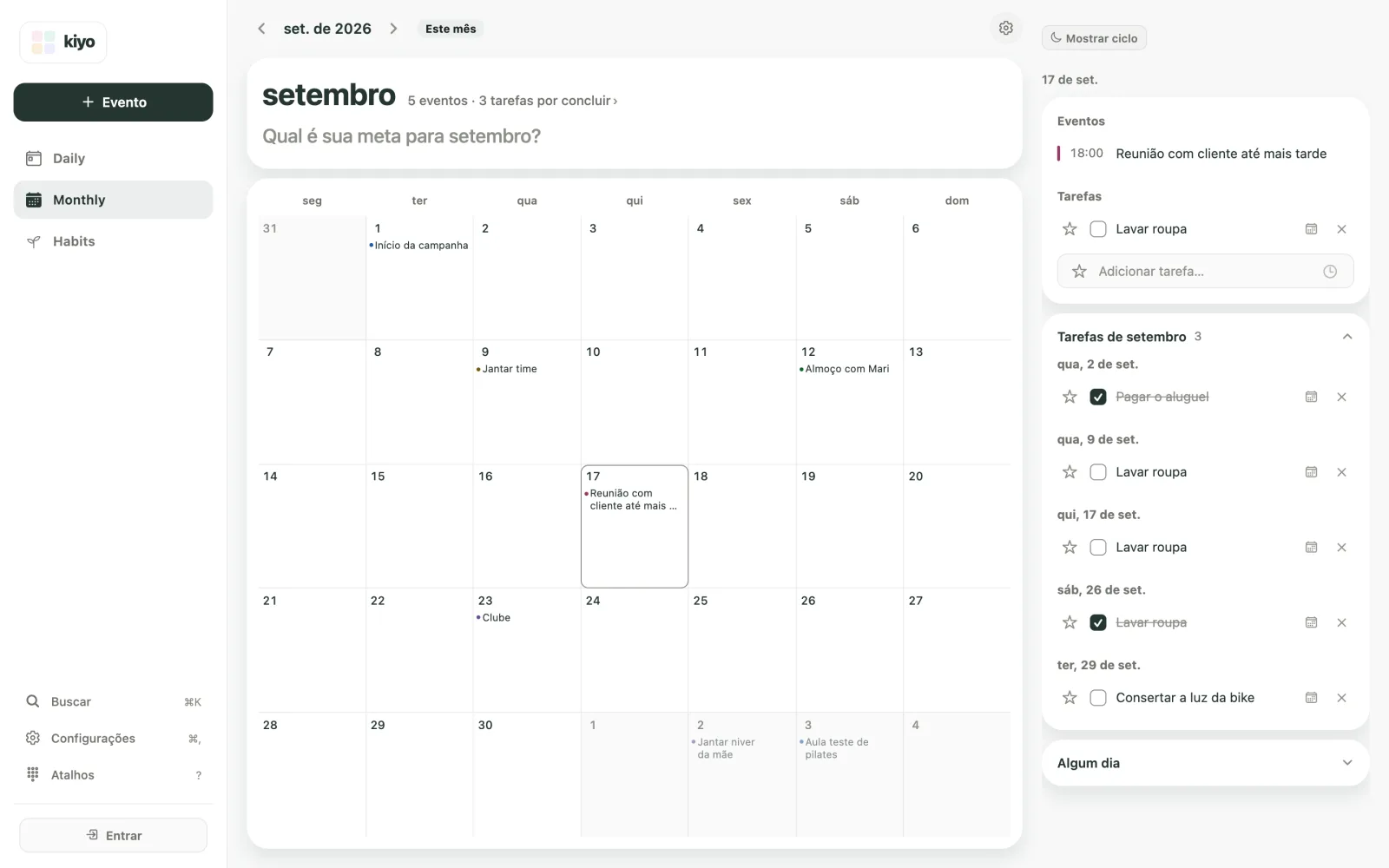 Monthly do Kiyo na web em setembro de 2026: dia 17 selecionado, Reunião com cliente até mais tarde às 18:00 e Lavar roupa não concluída; a lista mensal reúne a tarefa nos dias 9, 17 e 26.
