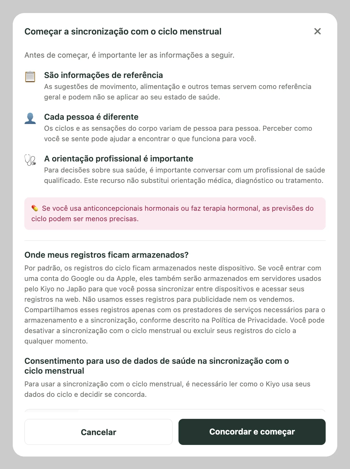 Tela de consentimento do Kiyo na web com informações sobre o ciclo, contraceptivos hormonais e armazenamento dos registros.