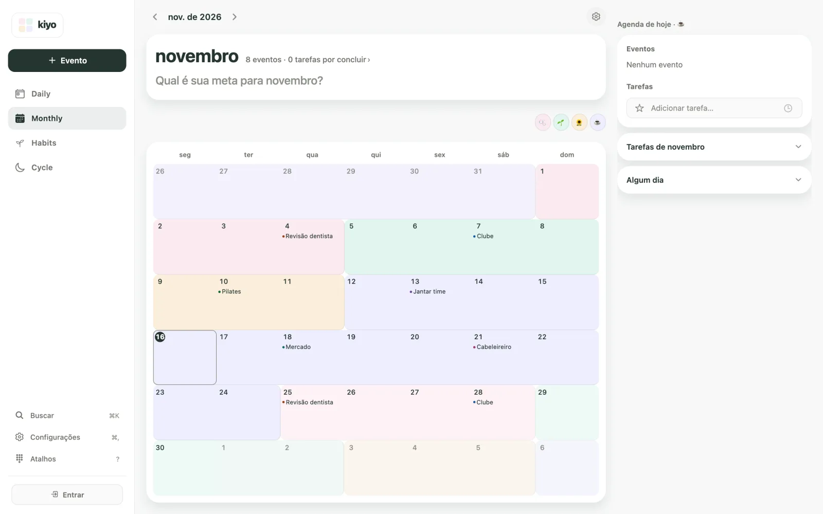 Calendário Monthly do Kiyo na web com eventos sobre cores suaves e legenda com emojis.