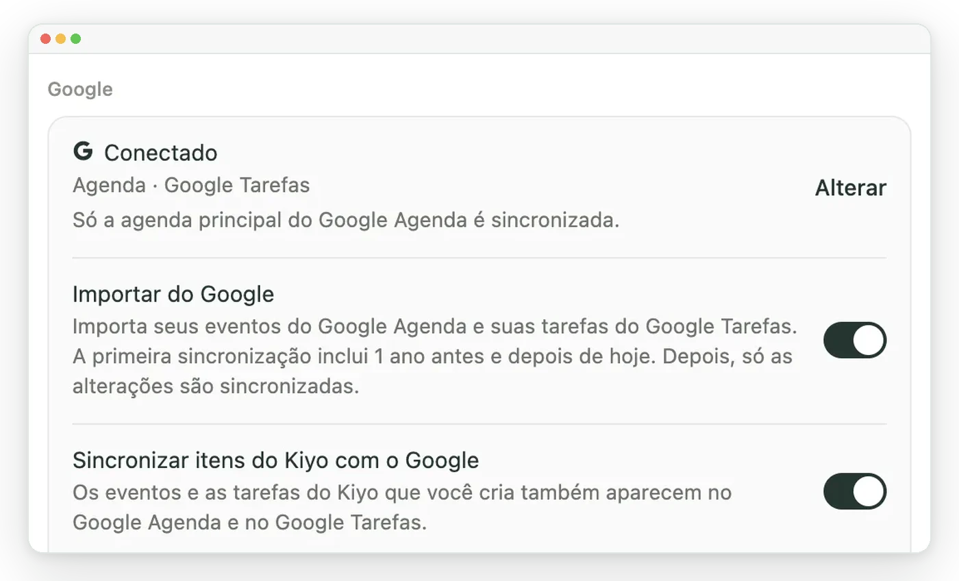 Configurações → Google no Kiyo, com Importar do Google e Sincronizar itens do Kiyo com o Google ativados em uma conta de demonstração.