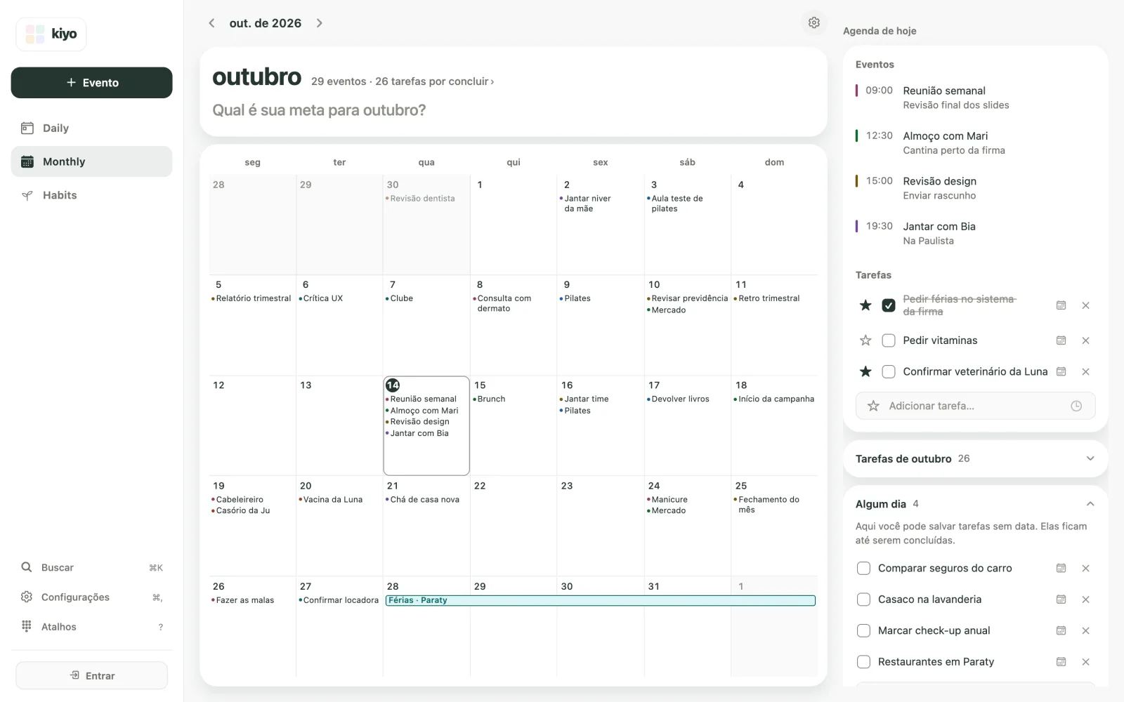 Monthly do Kiyo na web em outubro de 2026, com Algum dia aberto e quatro tarefas sem data.