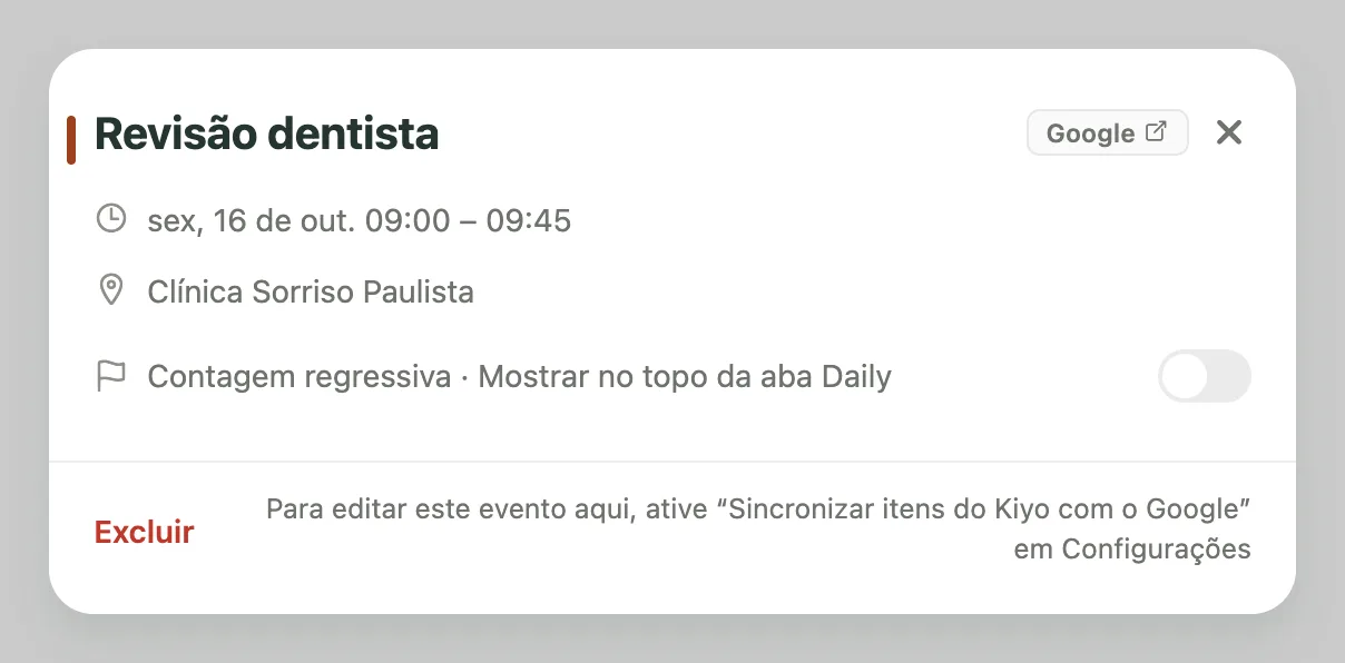 Detalhes de Revisão dentista no Kiyo, das 09:00 às 09:45, com o link Google ↗ e o aviso para habilitar a edição.