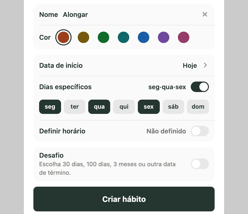 Tela de criação de Alongar no Kiyo, com Dias específicos ativado e segunda, quarta e sexta selecionadas.