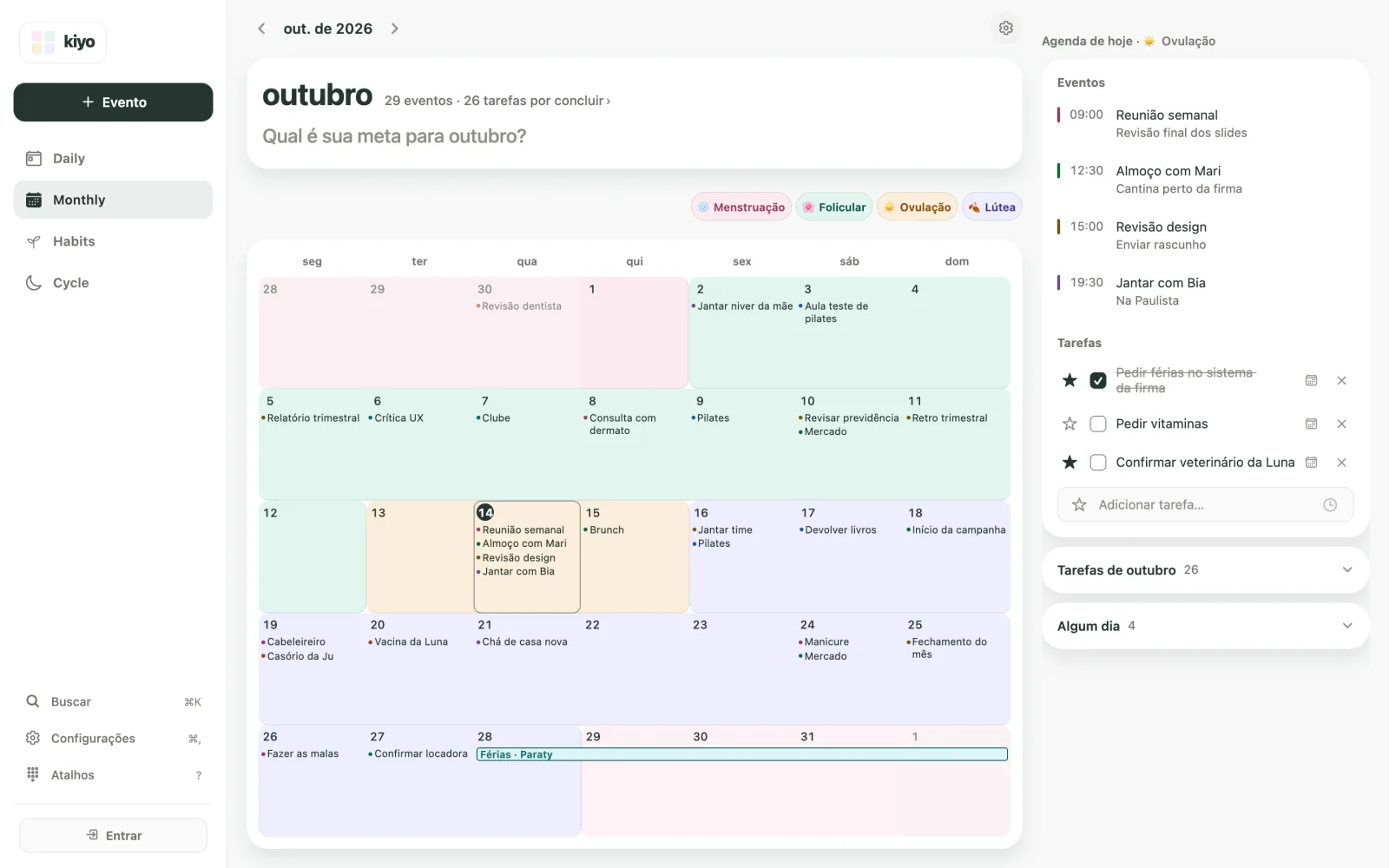 Monthly do Kiyo na web em outubro de 2026, com cores das fases estimadas ao fundo e o evento Férias · Paraty no calendário.