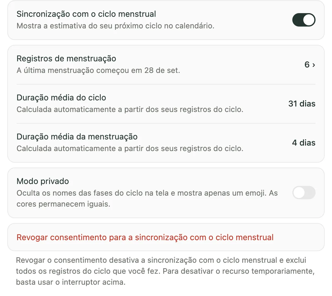 Configurações do Kiyo web com a seção Sincronização com o ciclo menstrual, registros, durações médias, Modo privado e opção de revogar o consentimento.