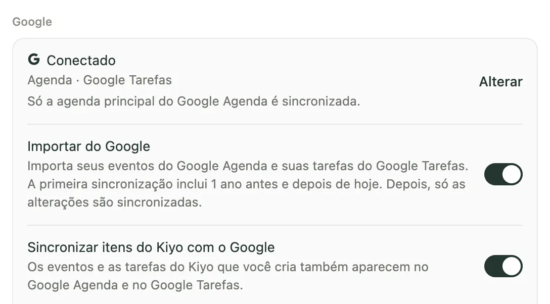 Configurações → Google no Kiyo, com Importar do Google e Sincronizar itens do Kiyo com o Google ativados em uma conta de demonstração.