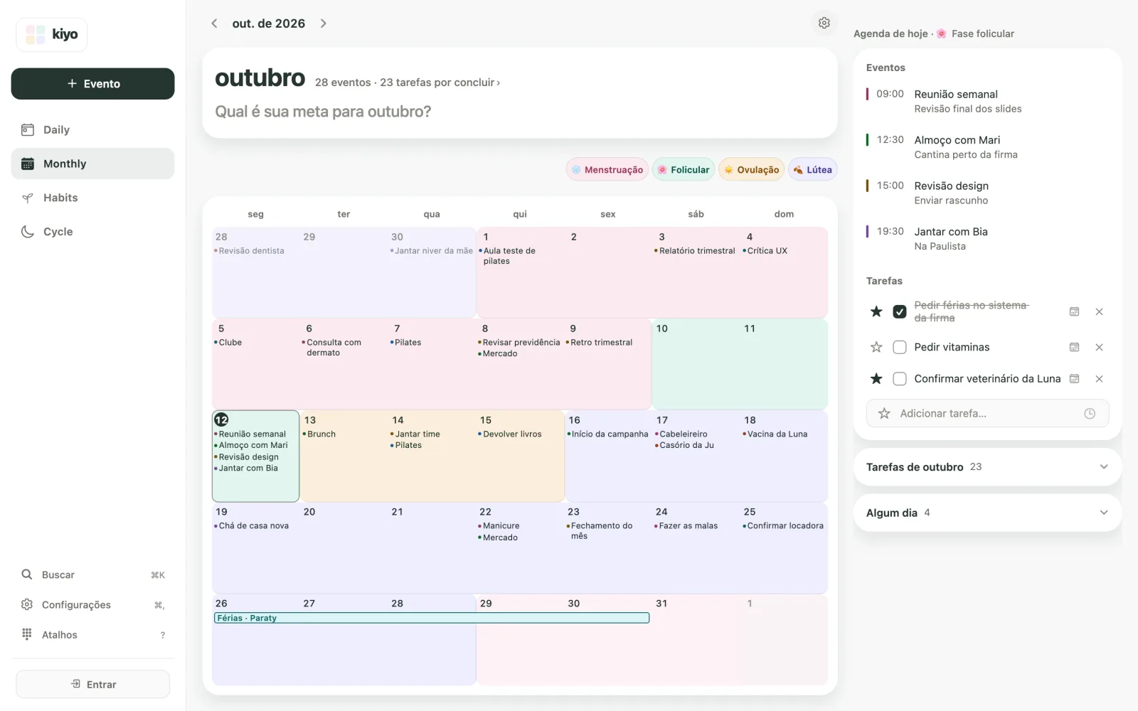 Monthly do Kiyo em outubro: Menstruação de 1 a 9/10, Fase folicular de 10 a 12/10, Ovulação de 13 a 15/10, Fase lútea de 16 a 28/10 e próximo início estimado em 29/10.