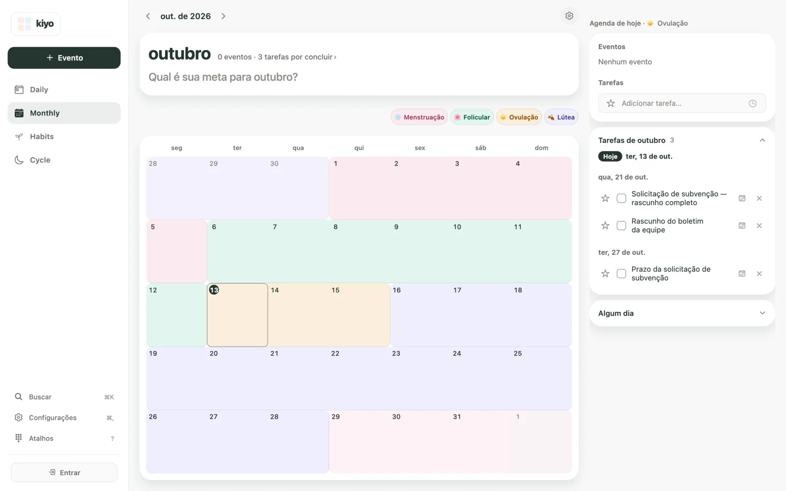 Monthly do Kiyo em outubro de 2026, com cores do ciclo atrás do calendário e tarefas ao lado: Solicitação de subvenção — rascunho completo e Rascunho do boletim da equipe em 21 de outubro; Prazo da solicitação de subvenção em 27 de outubro.