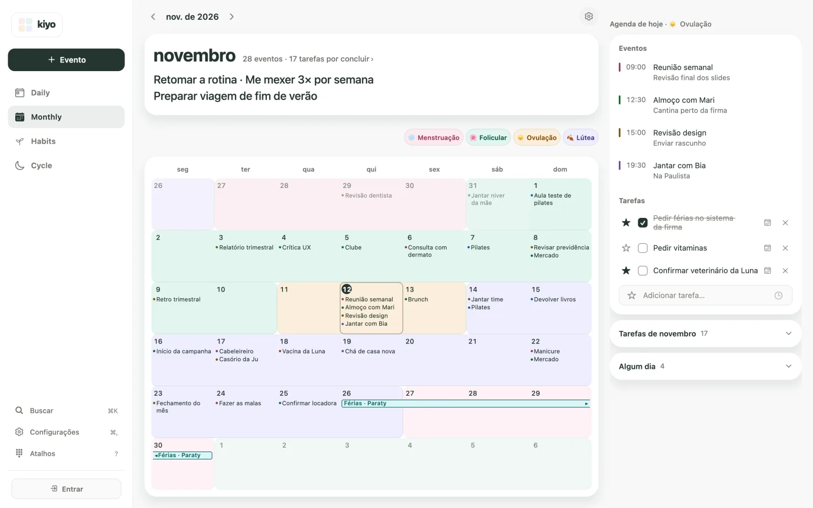 Monthly do Kiyo na web com Férias · Paraty e outros eventos sobre as cores das fases estimadas do ciclo.