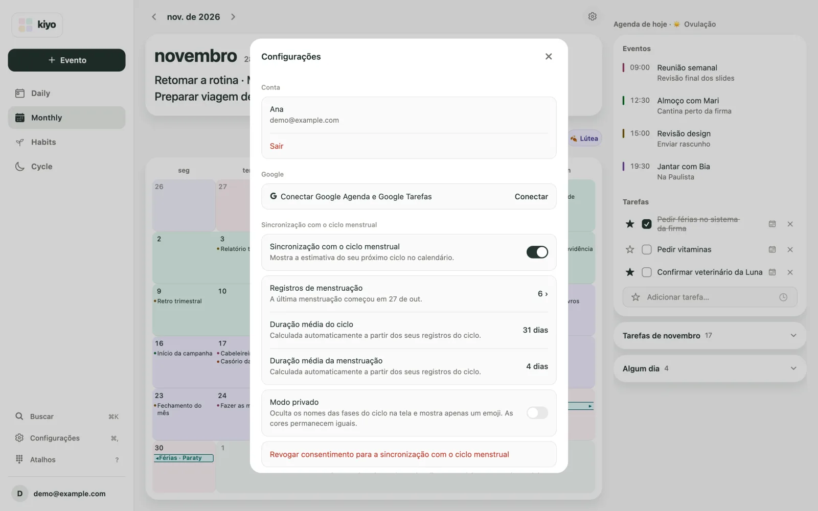 Configurações do Kiyo na web com a conexão ao Google Agenda e Google Tarefas e a opção de sincronização com o ciclo menstrual.