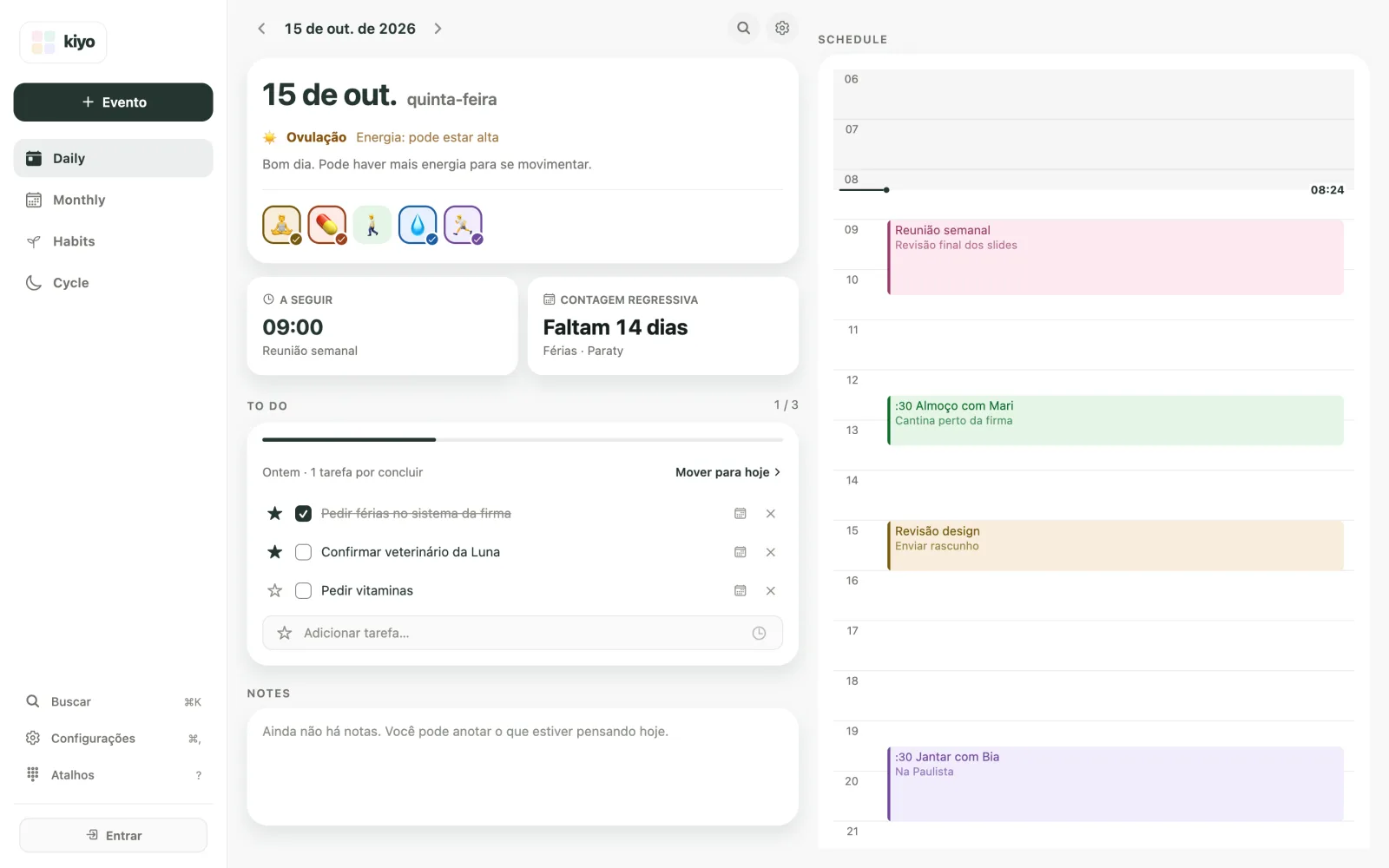 Daily do Kiyo na web com informações do ciclo, a tarefa Pedir férias no sistema da firma, o hábito Alongar e a programação do dia.