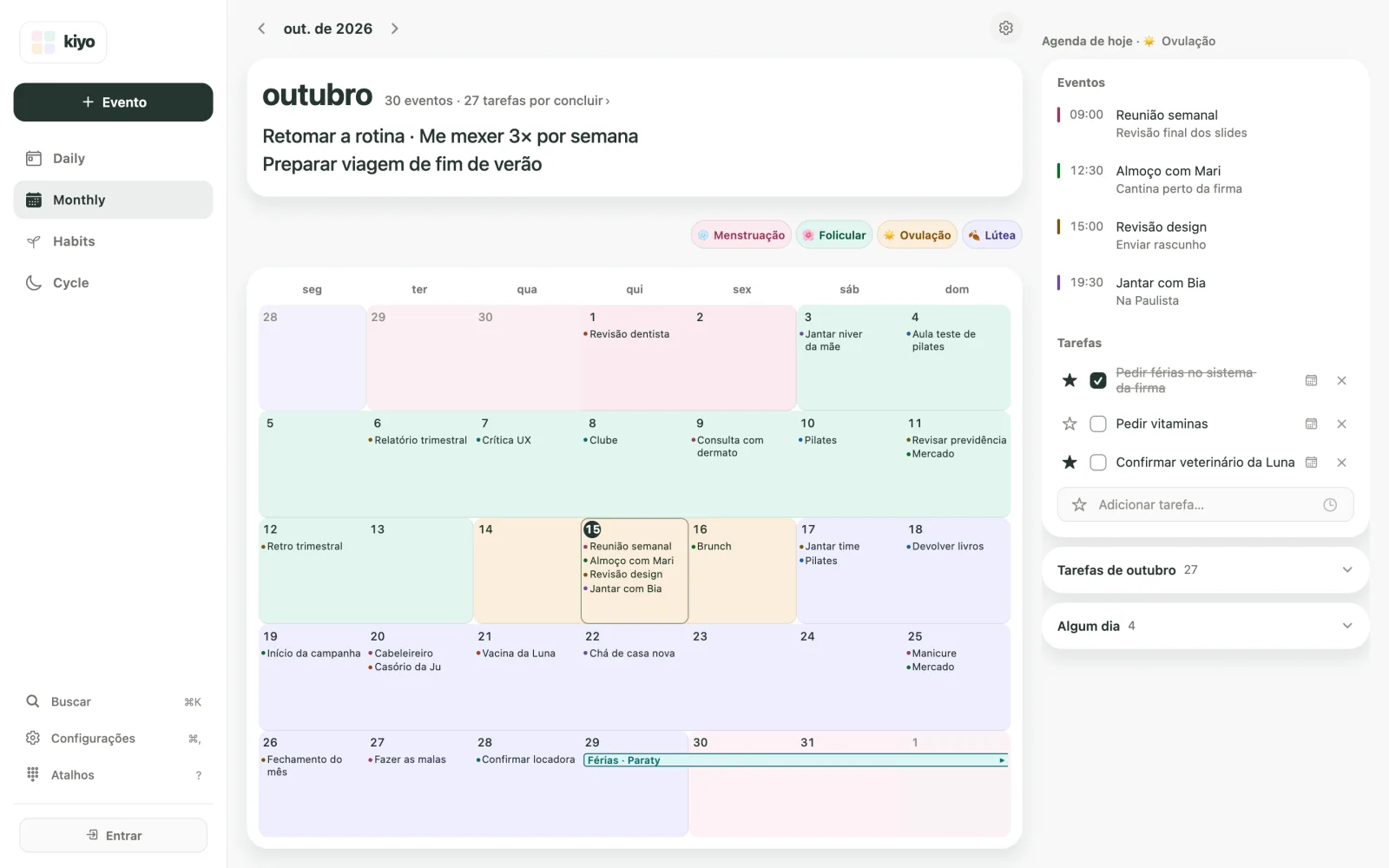 Monthly do Kiyo na web com Revisão dentista e Férias · Paraty sobre as cores das fases estimadas do ciclo.