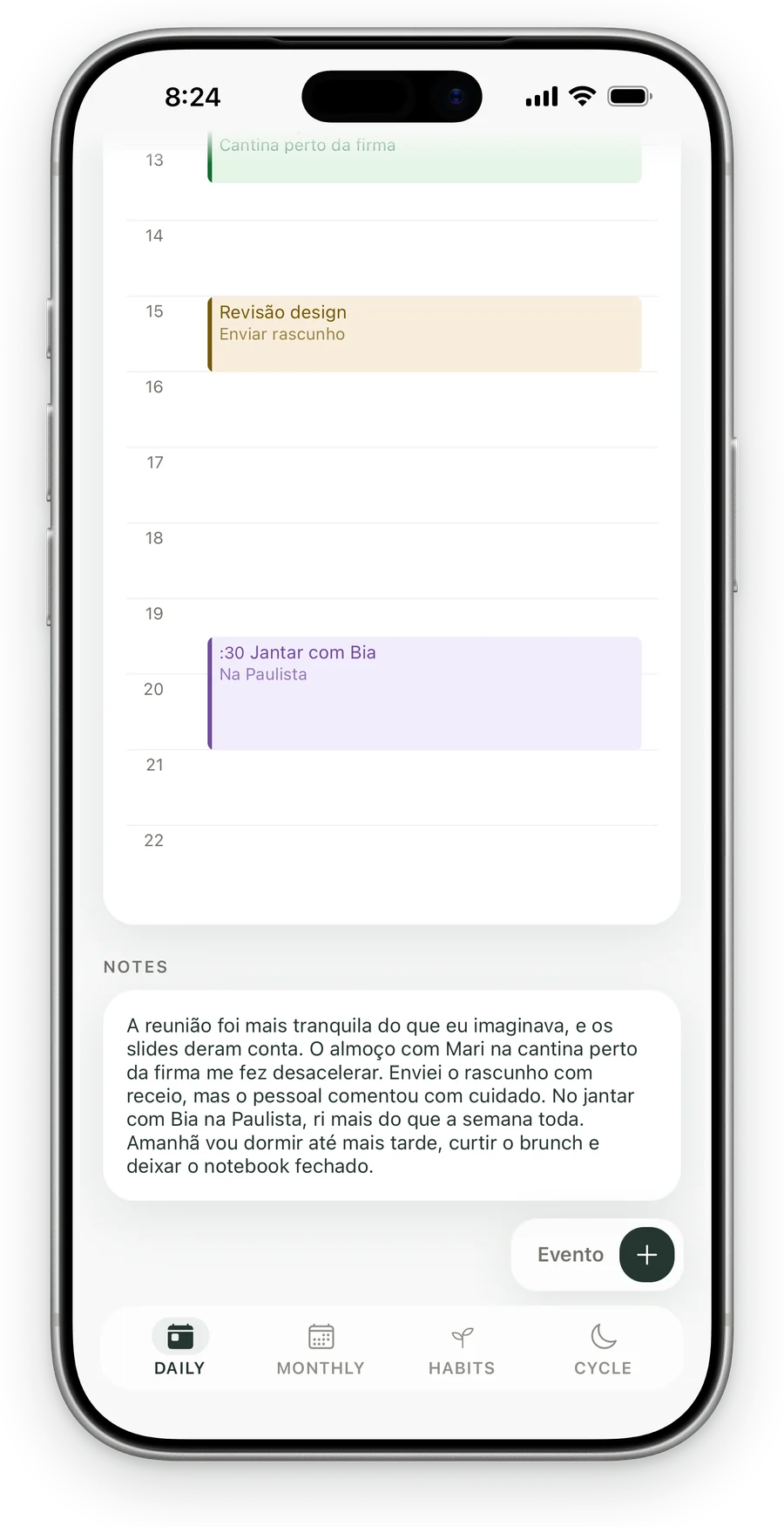 Daily do Kiyo em um iPhone, com o cartão NOTES para as notas do dia.