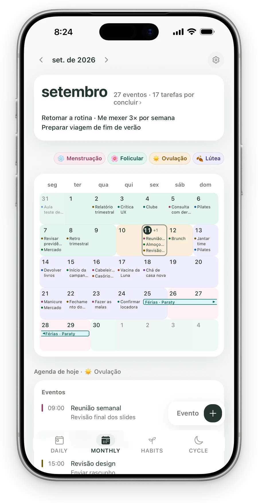 Monthly no Kiyo para iPhone, com as cores do ciclo estimado junto aos eventos do calendário.