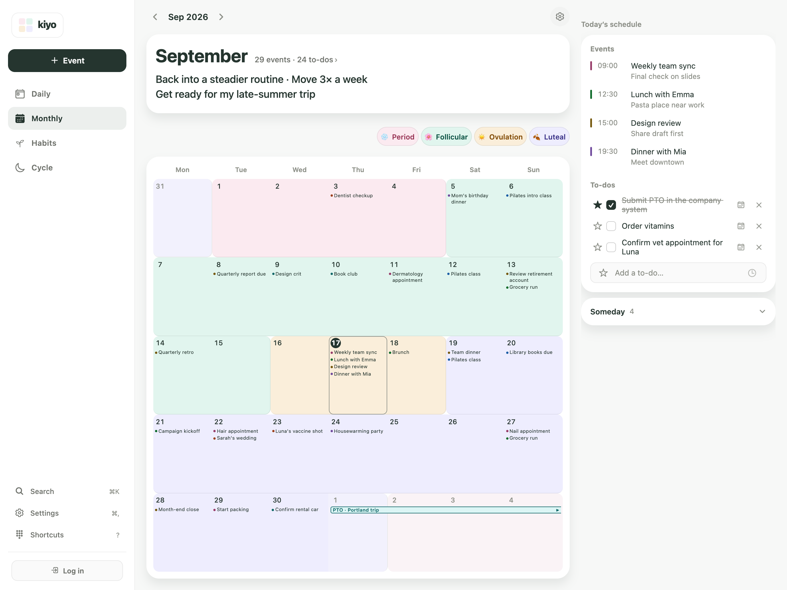 Monthly goals, events, to-dos and estimated cycle phases in Kiyo’s calendar