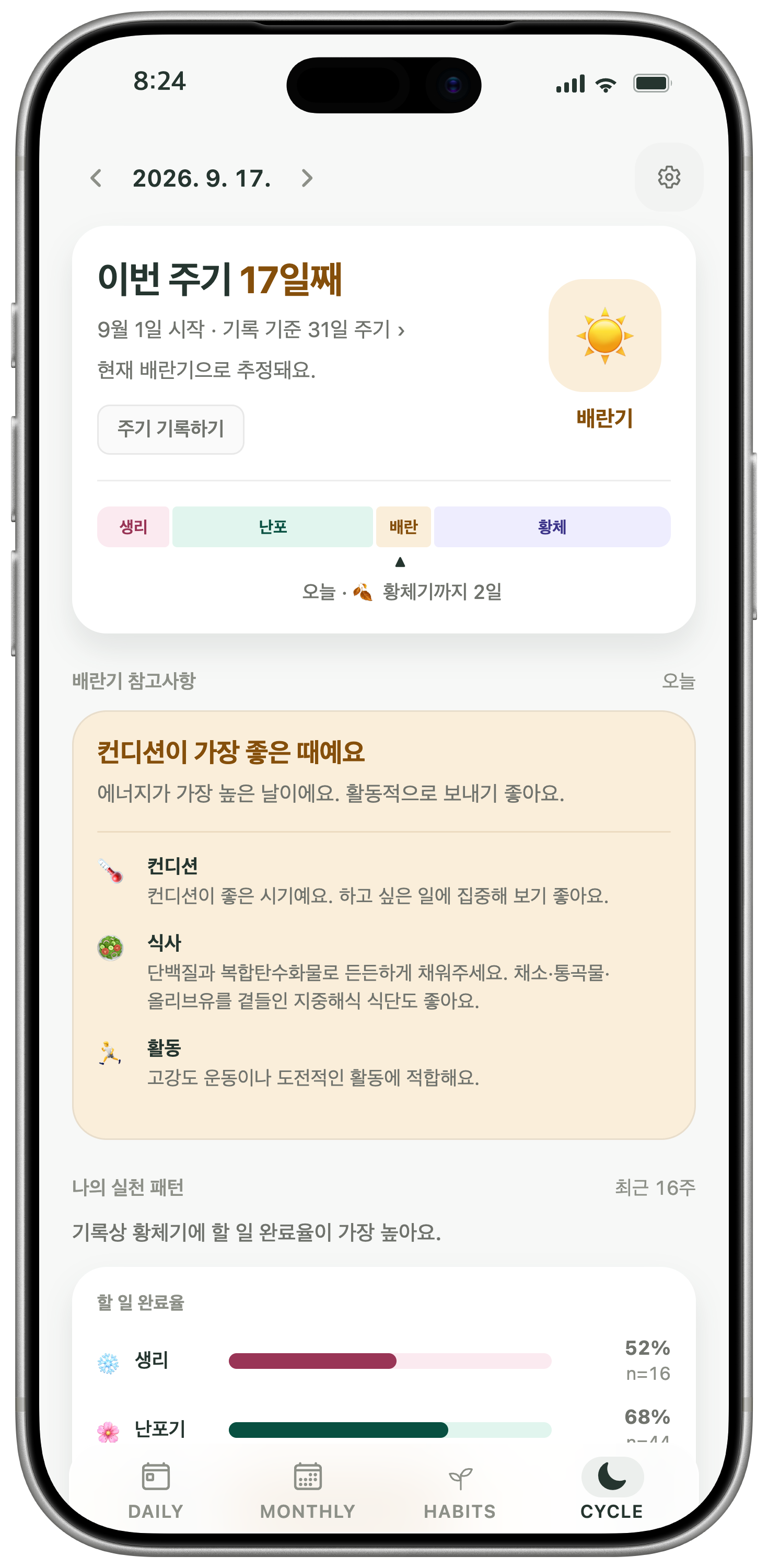 Kiyo 주기별 활동 기록 화면