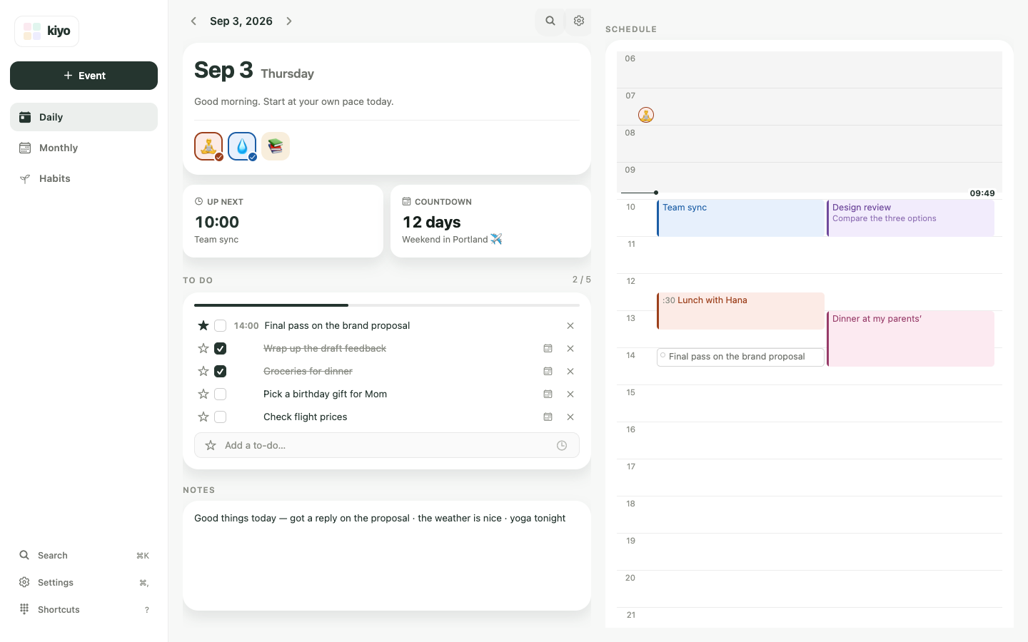 Kiyo Daily on a wide web layout, showing an event, to-do, and scheduled habit