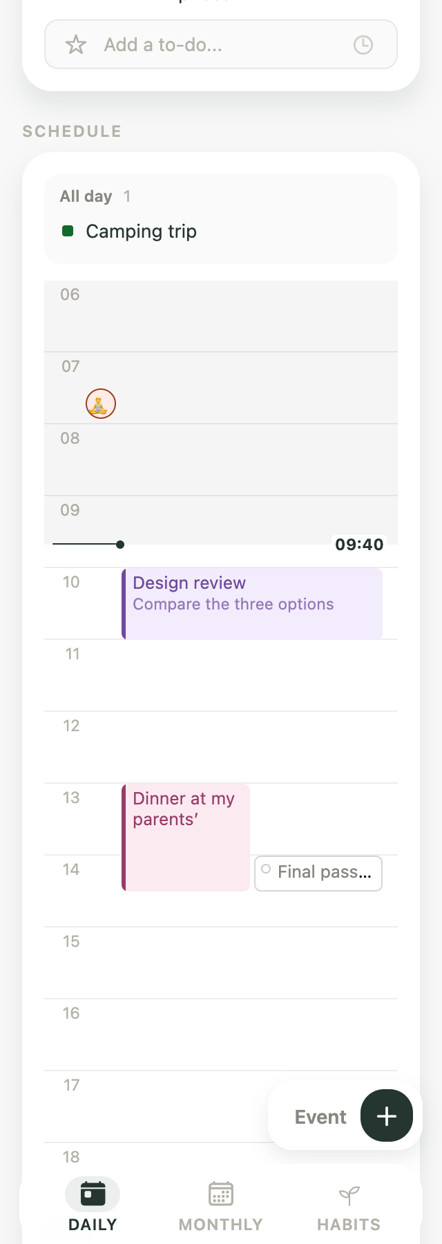 Kiyo Daily timeline showing an event, to-do, and scheduled habit