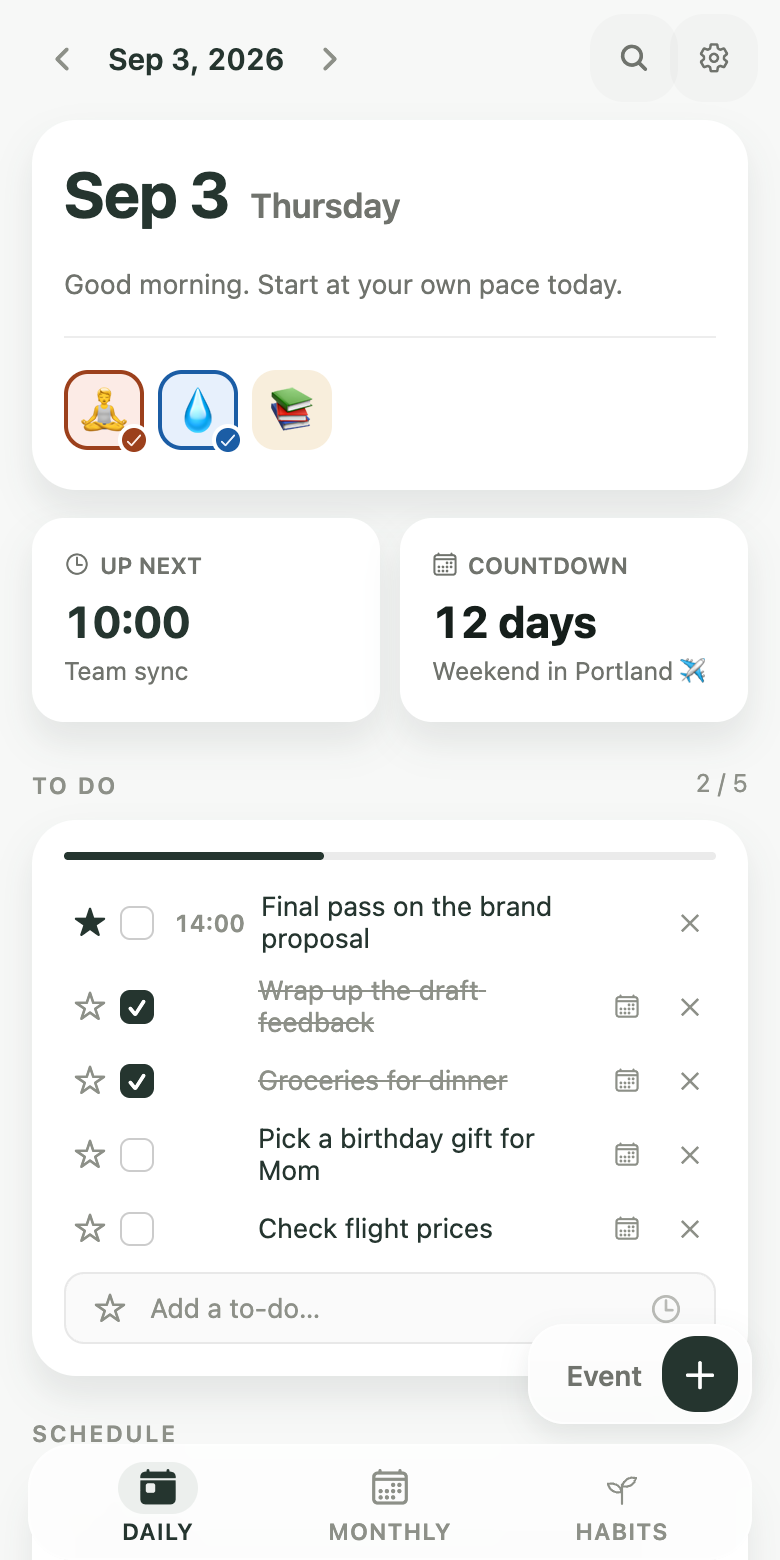 Kiyo Daily with a countdown card showing the days remaining to a saved date