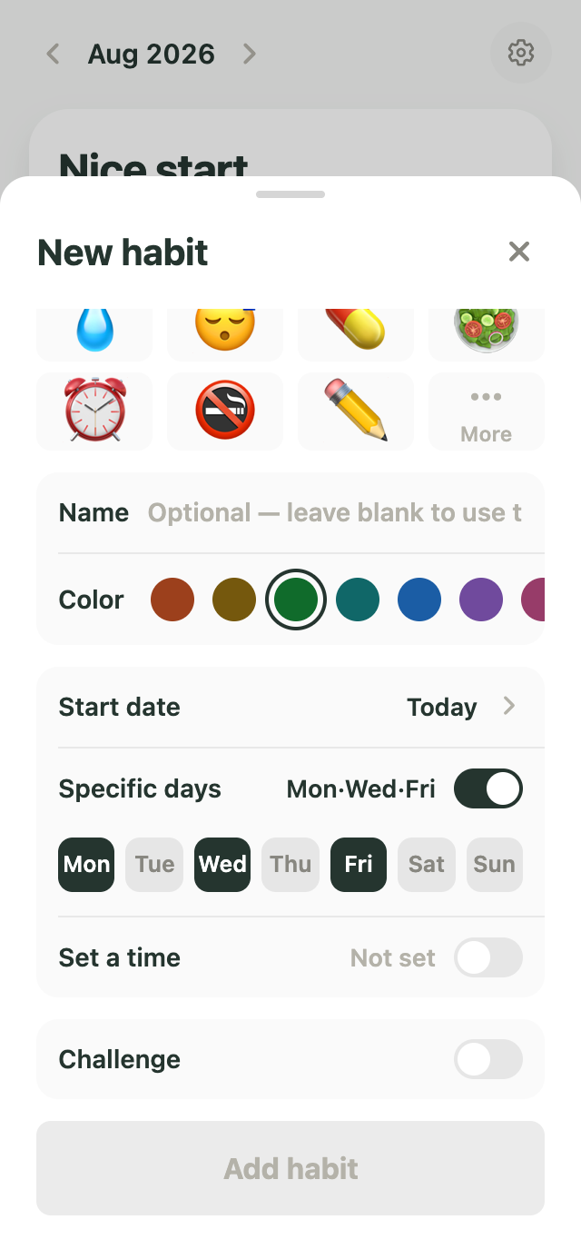 Habit setup screen with Monday, Wednesday, and Friday selected
