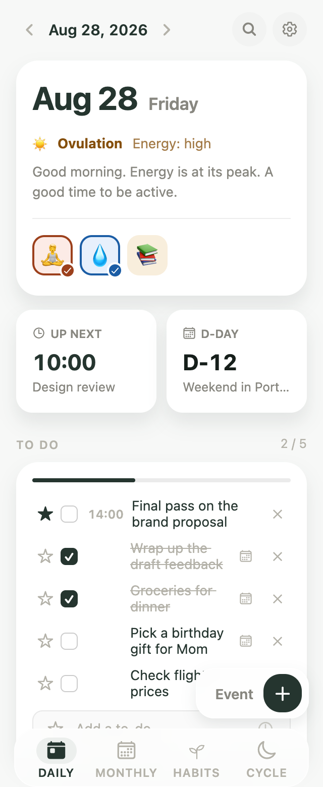 Kiyo Daily screen showing today’s cycle phase with events, to-dos and habits