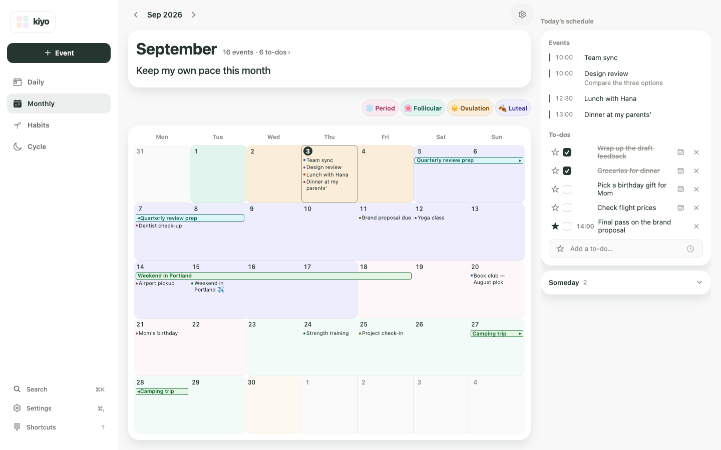 The same Kiyo Monthly calendar on a wide web layout, with events alongside cycle phases