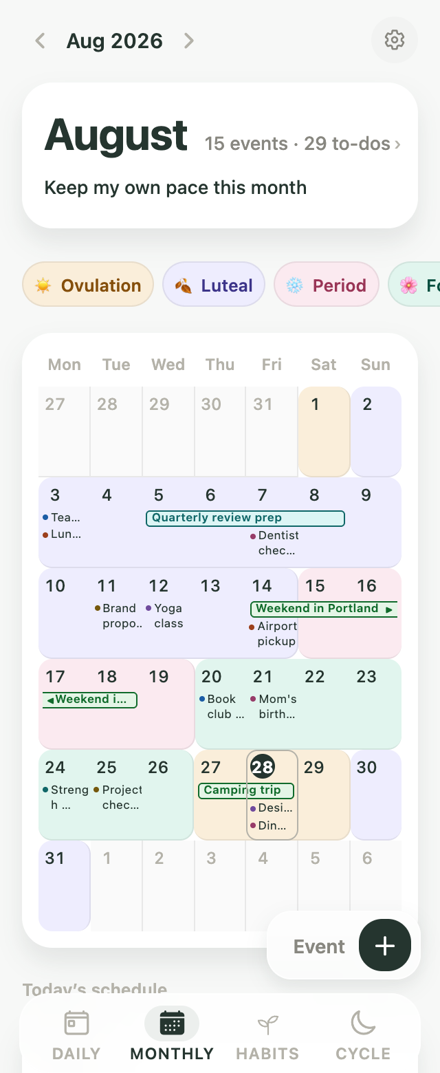 Kiyo Monthly calendar showing events alongside cycle phases