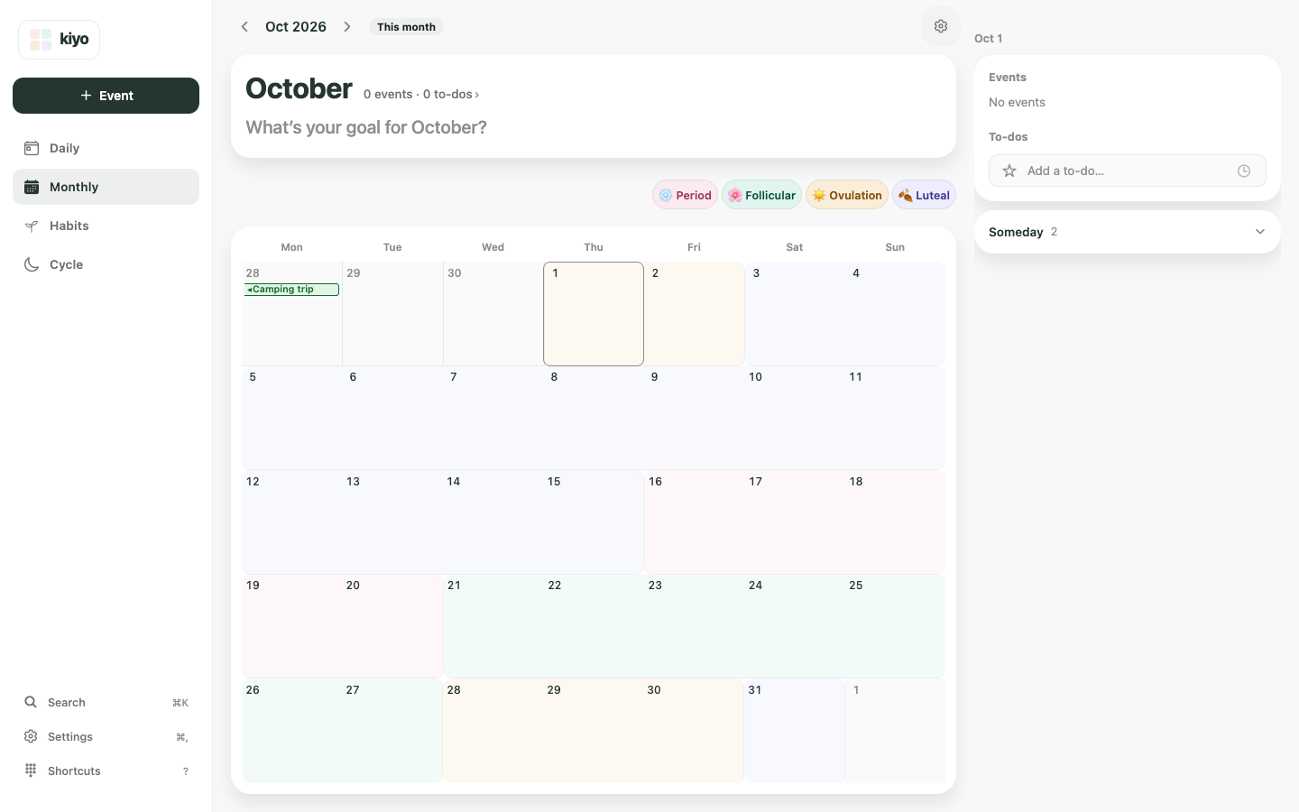 Next month in Kiyo on a wide web layout, with estimated cycle phases and planned events