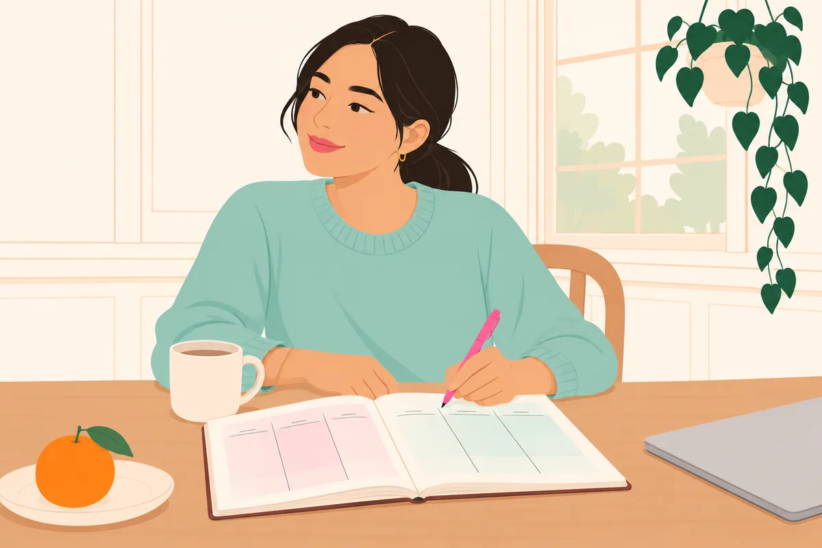 A woman pauses with a pen over one day of her paper weekly planner.